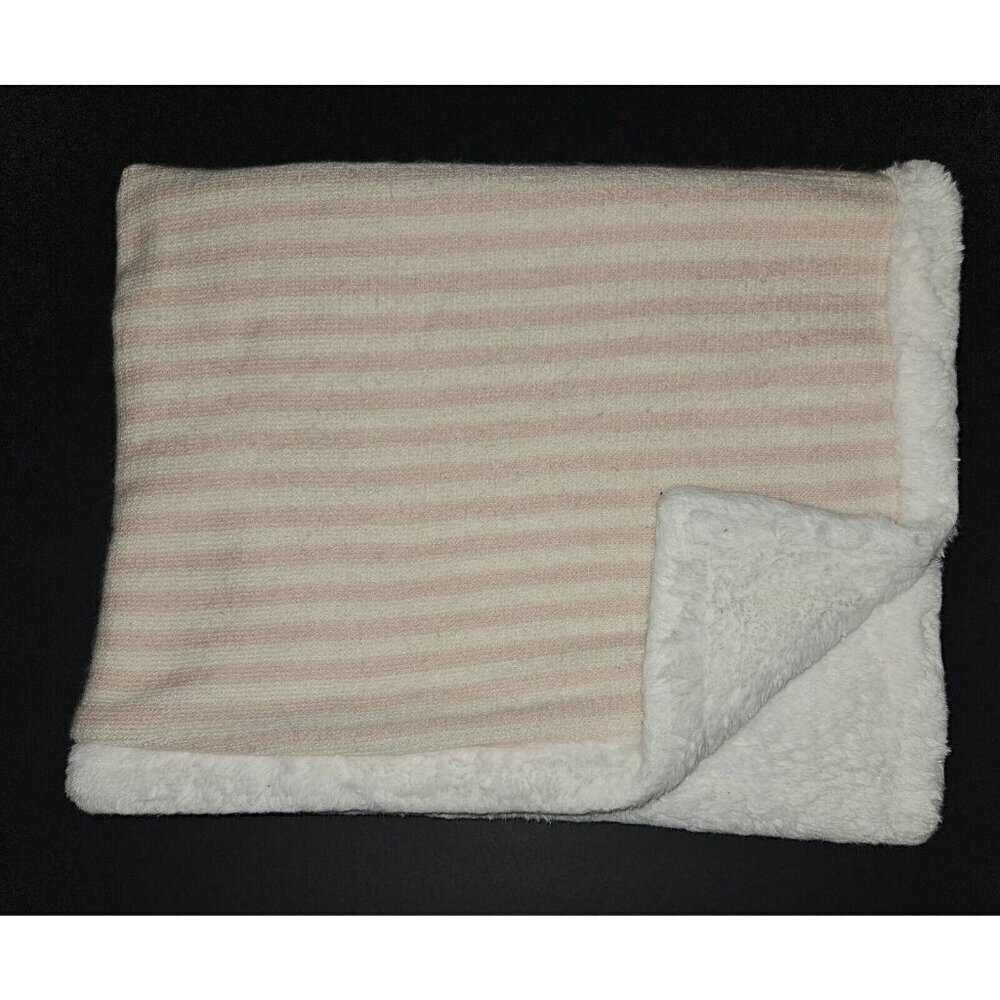 Pottery Barn Kids PBK Baby Blanket Pink White Stripe Knit SOFT Sherpa Lovey Girl
